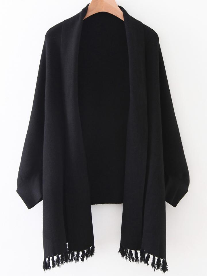 Romwe Black Shawl Collar Fringe Hem Poncho Sweater