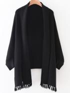 Romwe Black Shawl Collar Fringe Hem Poncho Sweater