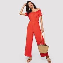 Romwe Off Shoulder Ruffle Detail Palazzo Jumpsuit