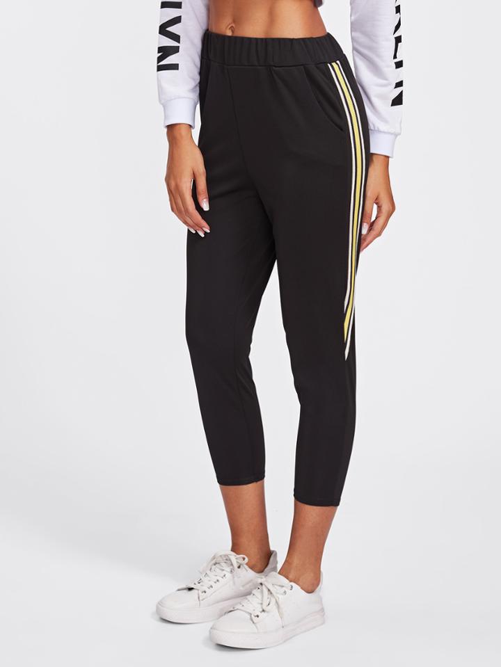 Romwe Elastic Waist Striped Crop Pants