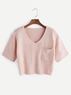 Romwe Pink Knit V Neck Pocket Crop T-shirt