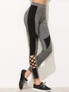 Romwe Grey Marled Knit Contrast Panel Leggings With Crisscross Detail