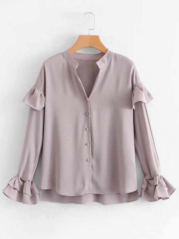 Romwe Flounce Sleeve Step Hem Blouse