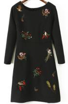 Romwe Embroidered Floral Pattern Black Dress