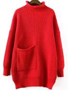 Romwe High Neck Loose Red Sweater With Pocket