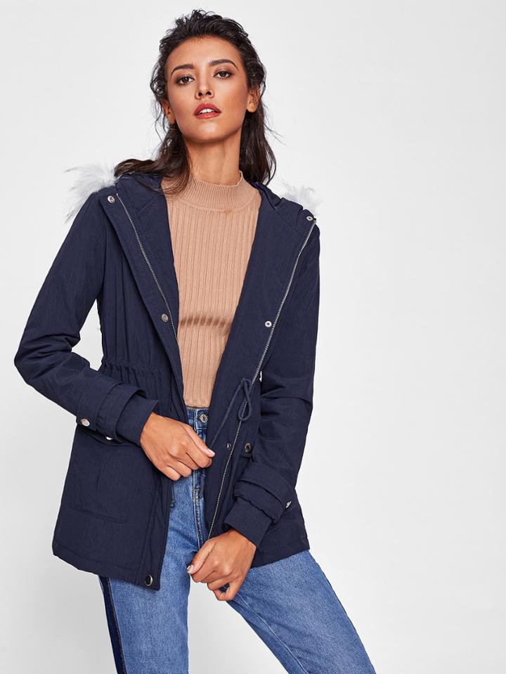 Romwe Faux Fur Trim Hoodie Parka Coat