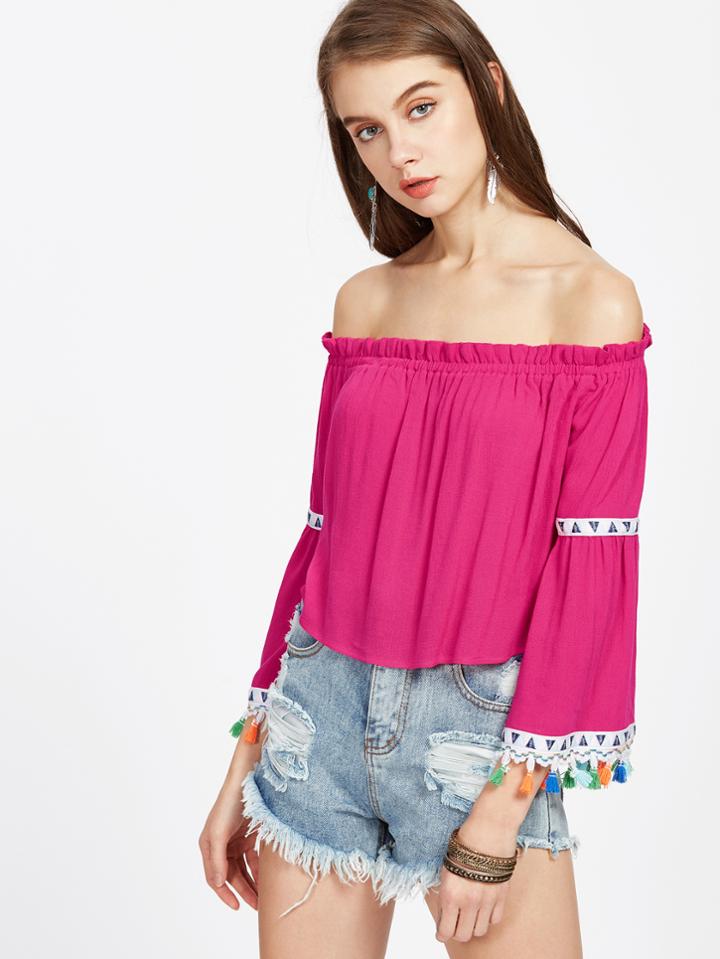 Romwe Bardot Embroidered Tape And Tassel Detail Top