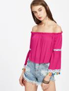 Romwe Bardot Embroidered Tape And Tassel Detail Top