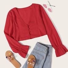 Romwe Solid Flounce Sleeve V-neck Blouse