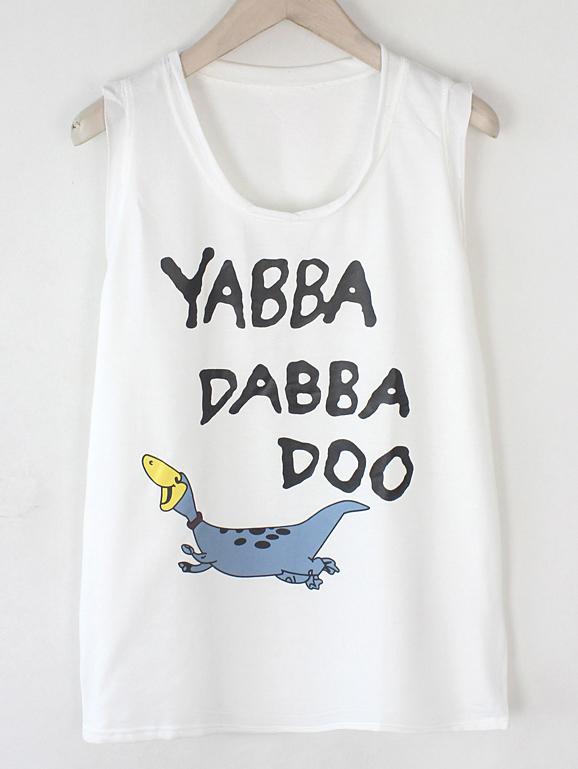 Romwe White Cartoon Print Raw Trim Tank Top
