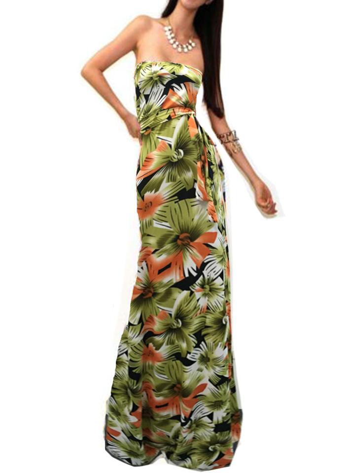 Romwe Strapless Florals Maxi Green Dress