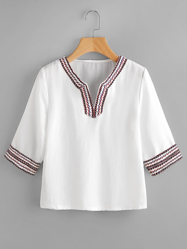 Romwe V Cut Embroidered Tape Blouse