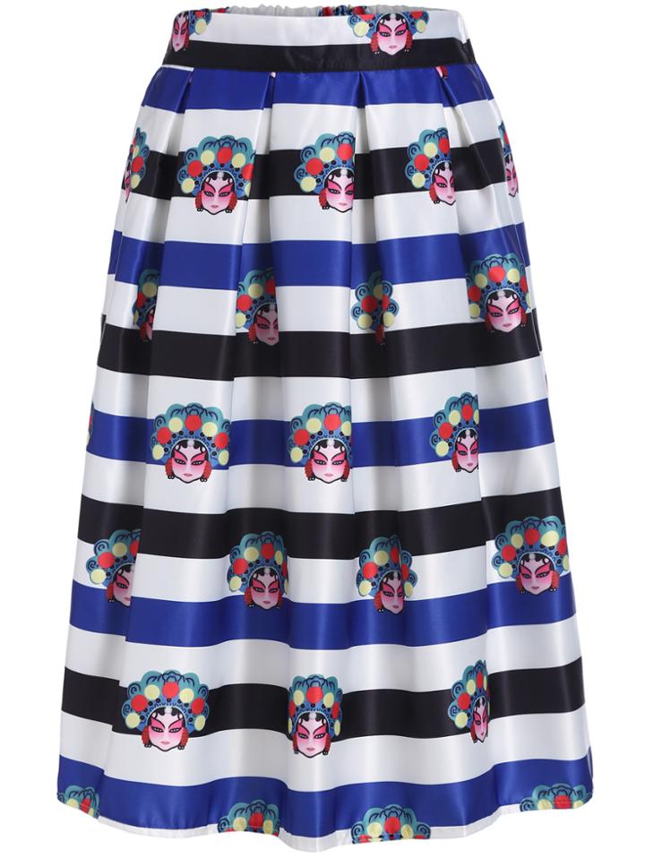 Romwe Peking Opera Print Striped Blue Skirt