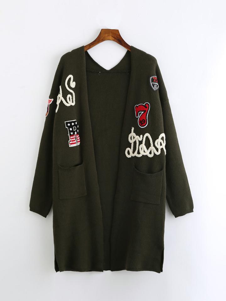 Romwe Slit Side Patched Open Front Longline Cardigan