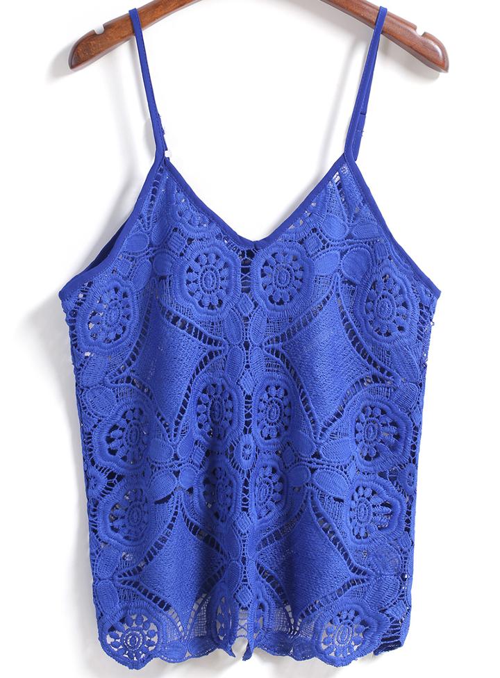 Romwe Spaghetti Strap Hollow Lace Crochet Blue Vest