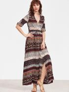 Romwe Multicolor Ornate Print Button Up Drawstring Waist Dress