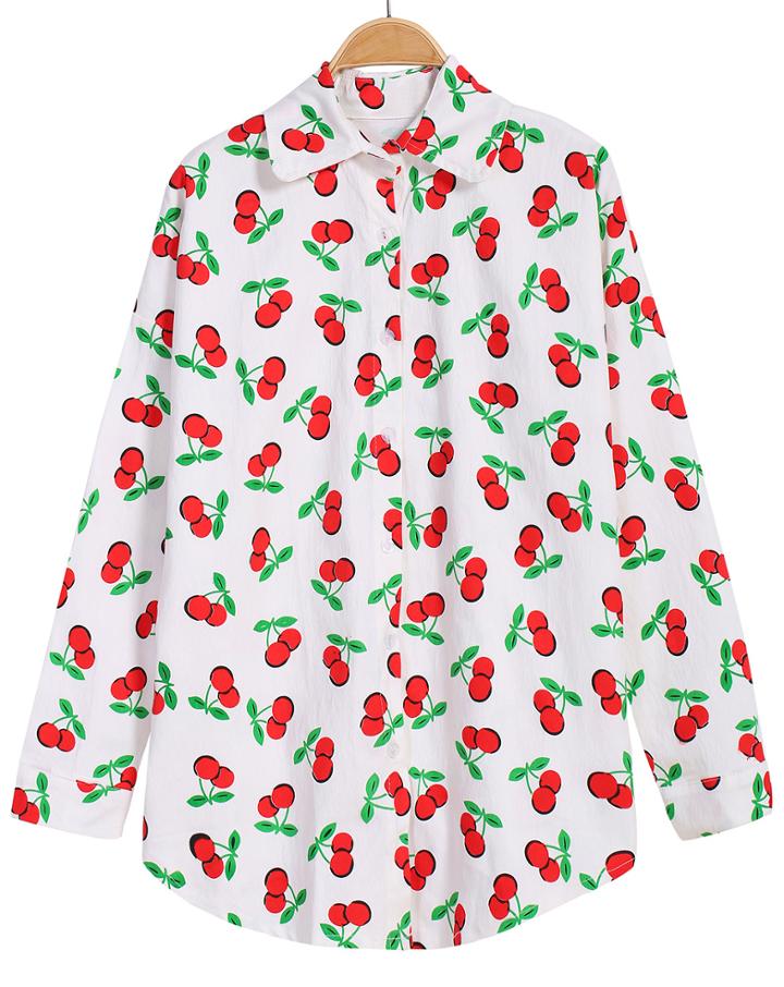 Romwe Cherry Print Lapel Loose Blouse