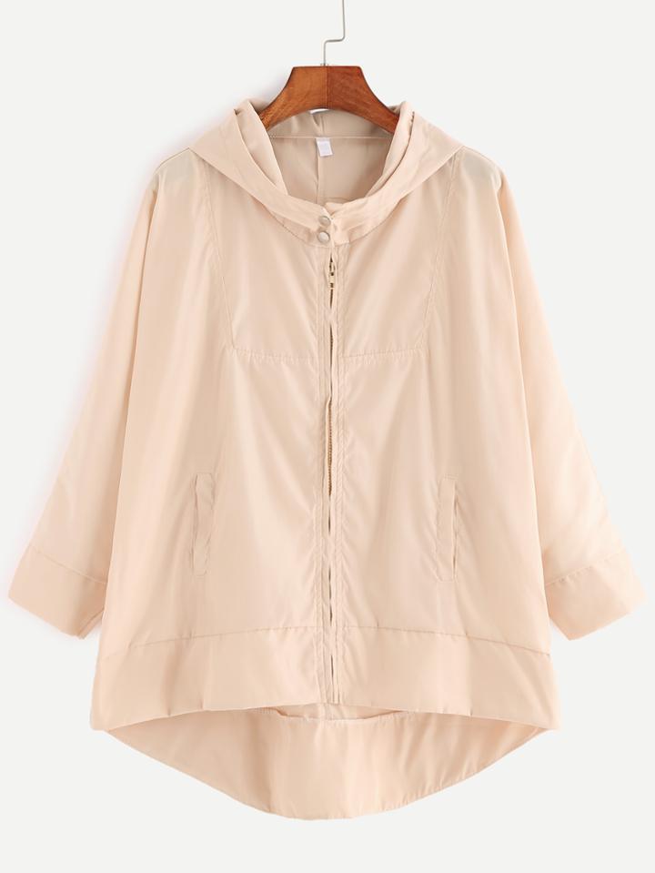 Romwe Light Khaki High Low Zip Up Hooded Coat