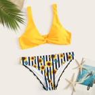 Romwe Twist Front Top With Mixed Print Bikini Set