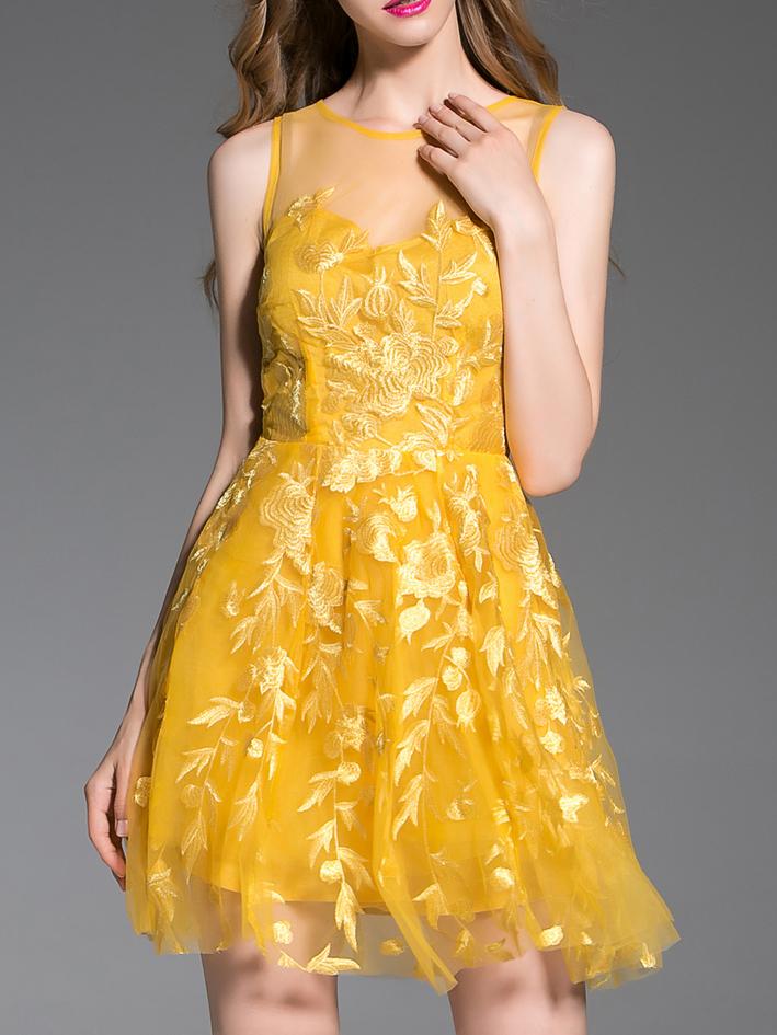 Romwe Yellow Gauze Embroidered A-line Dress