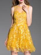 Romwe Yellow Gauze Embroidered A-line Dress