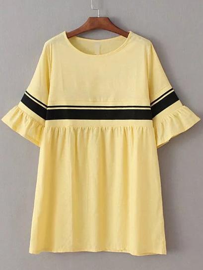 Romwe Yellow Ribbed Splicing Bell Sleeve Loose Dress