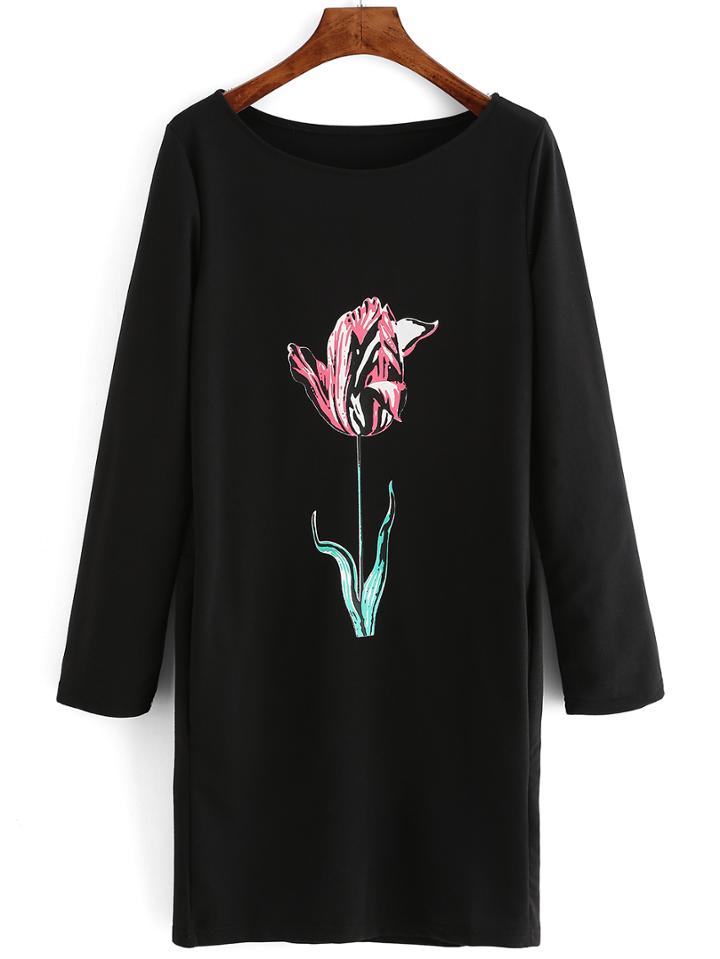 Romwe Flower Print Straight Dress With Pockets