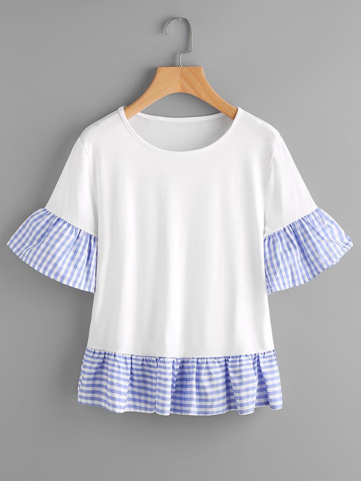 Romwe Fluted Sleeve Checked Frill Hem Tee