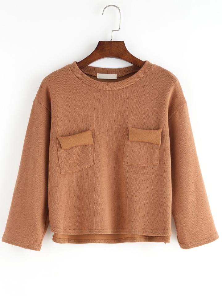 Romwe Dip Hem Pockets Khaki T-shirt