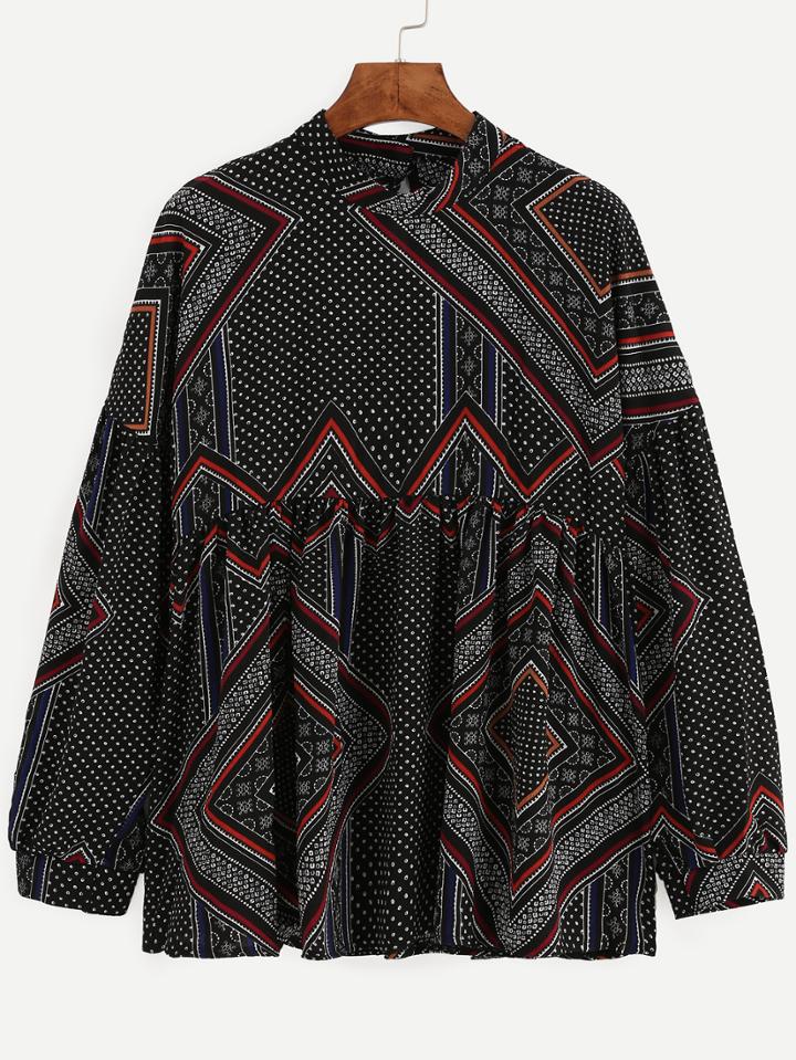 Romwe Black Polka Dot Print Empire Waist Blouse