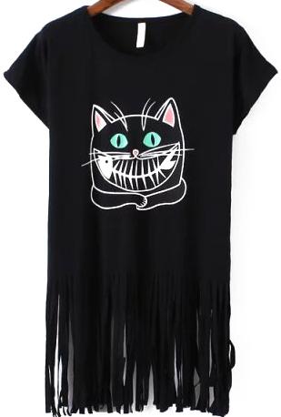Romwe With Tassel Cat Print T-shirt