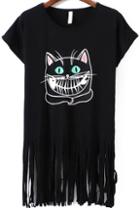 Romwe With Tassel Cat Print T-shirt