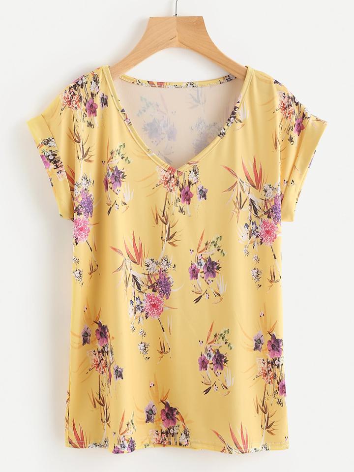 Romwe Rolled Cuff Flower Print Tee