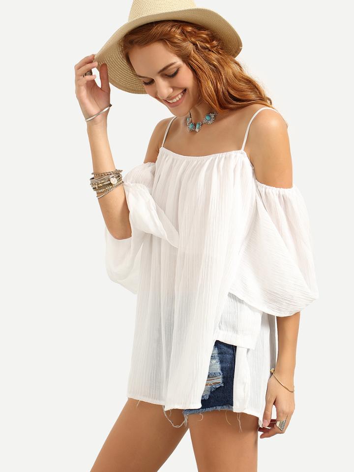 Romwe Cold Shoulder Pleated Loose-fit Top - White