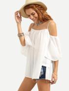 Romwe Cold Shoulder Pleated Loose-fit Top - White