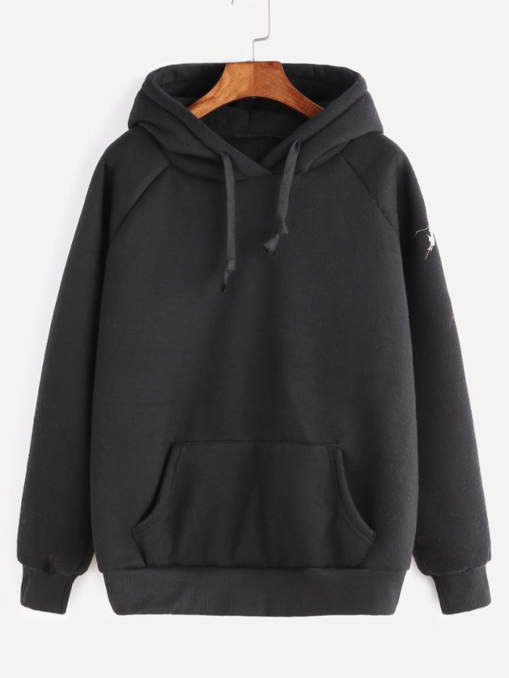 Romwe Black Embroidered Raglan Sleeve Hooded Sweatshirt