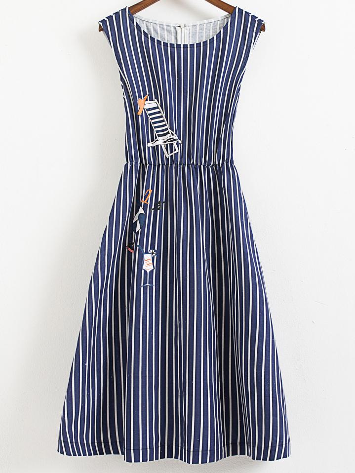 Romwe Blue Sleeveless Elastic Waist Zipper Back Print Stripe Dress