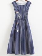 Romwe Blue Sleeveless Elastic Waist Zipper Back Print Stripe Dress