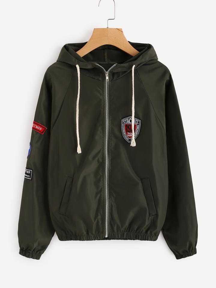 Romwe Raglan Sleeve Patch Detail Zip Up Jacket