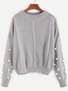 Romwe Grey Cable Knit Drop Shoulder Pom Pom Sweater