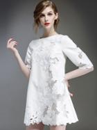 Romwe White Round Neck Half Sleeve Embroidered Hollow Dress