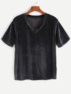 Romwe Black V Neck Velvet T-shirt