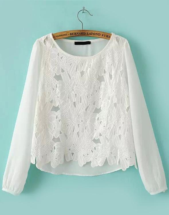Romwe Floral Crochet Chiffon Crop Blouse