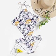 Romwe Random Leaf Print High Neck Monokini