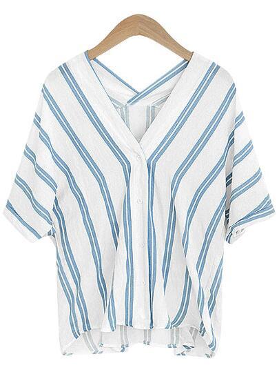 Romwe Blue Vertical Striped Double V Neck Blouse