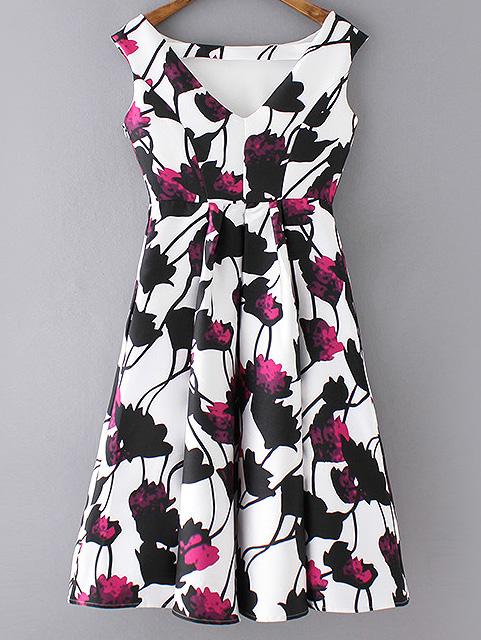 Romwe Multicolor Flowers Print High Waist Pleated Dress