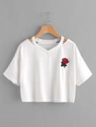 Romwe Cut Out Neck Rose Embroidered Patch Tee