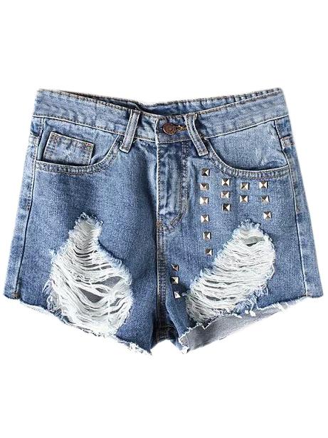 Romwe Blue Pockets Rivets Ripped Hole Denim Shorts