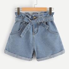 Romwe Self Belted Rolled Hem Denim Shorts