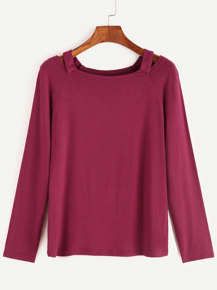 Romwe Burgundy Open Shoulder Raglan Sleeve T-shirt